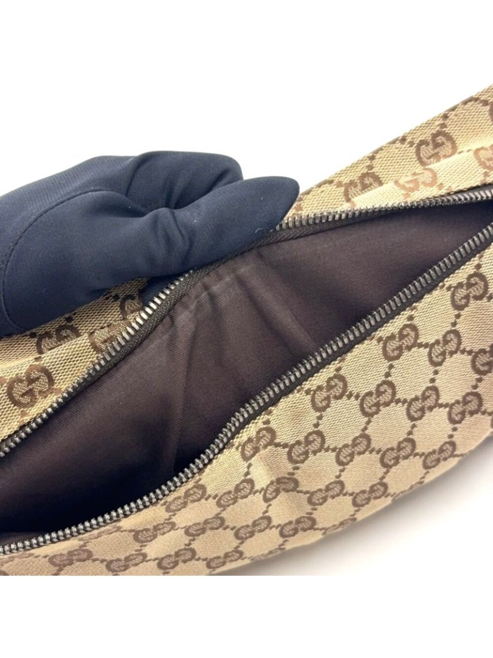 Gucci GG Pattern Canvas Leather Brown Beige Belt Bag Waist Pouch Silver - Picture 12 of 15